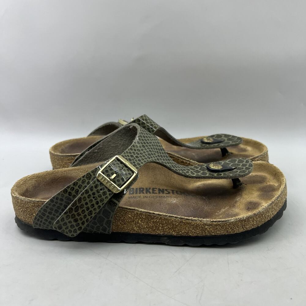 Birkenstock Gizeh Snake Print Sandals Women Size 6 Green Buckle Thong Flip Flops